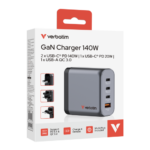 Verbatim 32203 GaN Įkroviklis 140W 4-Port, USB-A/USB-C, EU/UK/US Plug, Pilka/Juoda - Image 3
