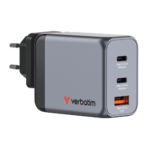 Verbatim 32201 GaN Įkroviklis 65W 3-Port, USB-A/USB-C, EU/UK/US Plug, Pilka/Juoda